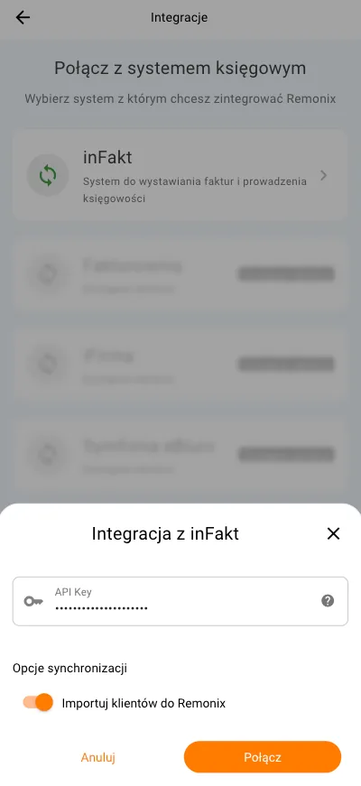 Aplikacja mobilna Remonix: ekran Integracje z modalem Integracja z inFakt - pole klucza API, opcje synchronizacji oraz przyciski Anuluj i Połącz
