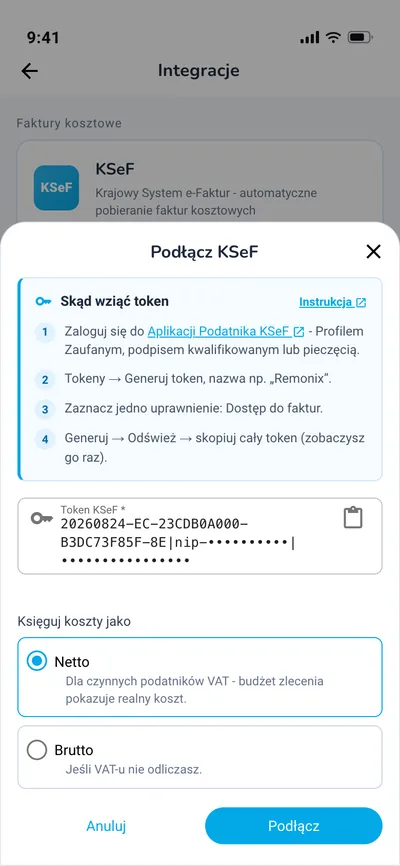 Aplikacja mobilna Remonix: ekran Integracje z oknem Podłącz KSeF - instrukcja skąd wziąć token, pole na token i wybór księgowania netto lub brutto