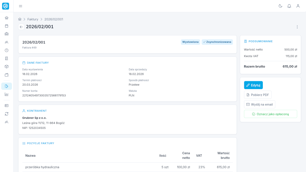 szczegóły faktury ze statusem synchronizacji · web