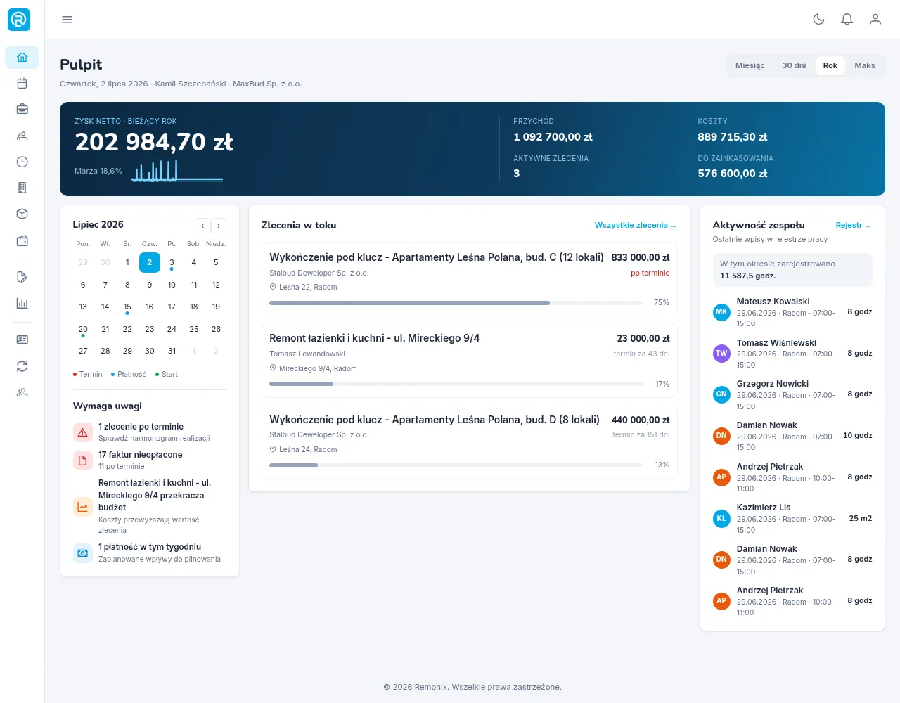 Raporty finansowe - ekran aplikacji Remonix