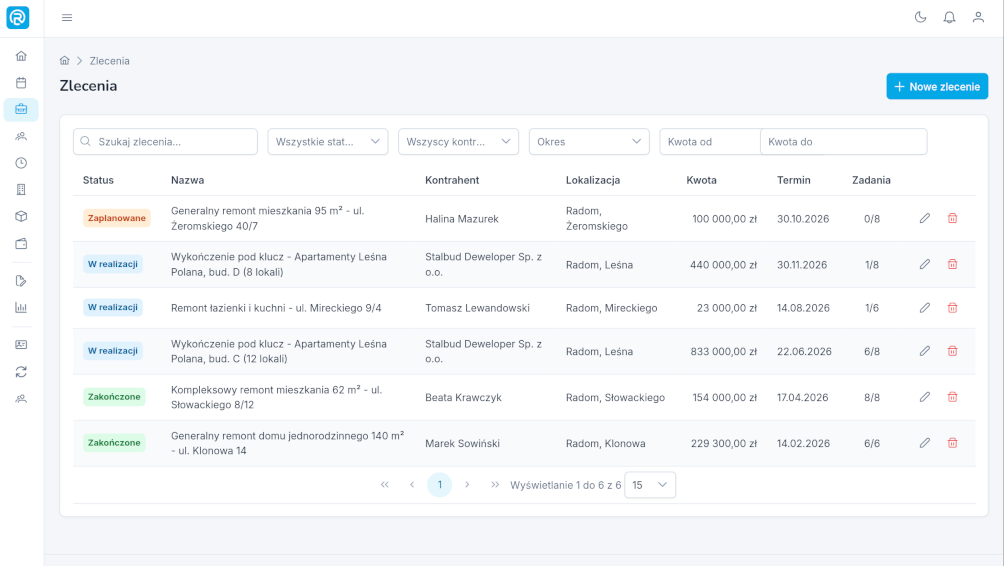 lista zleceń z filtrami statusu, kontrahenta i kwoty · web