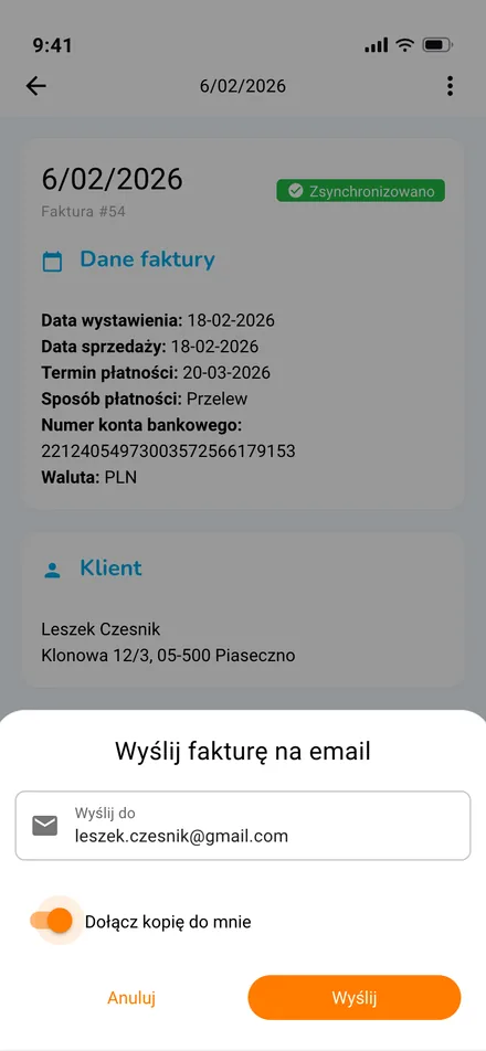 dialog wysyłki faktury mailem z adresem odbiorcy · mobile