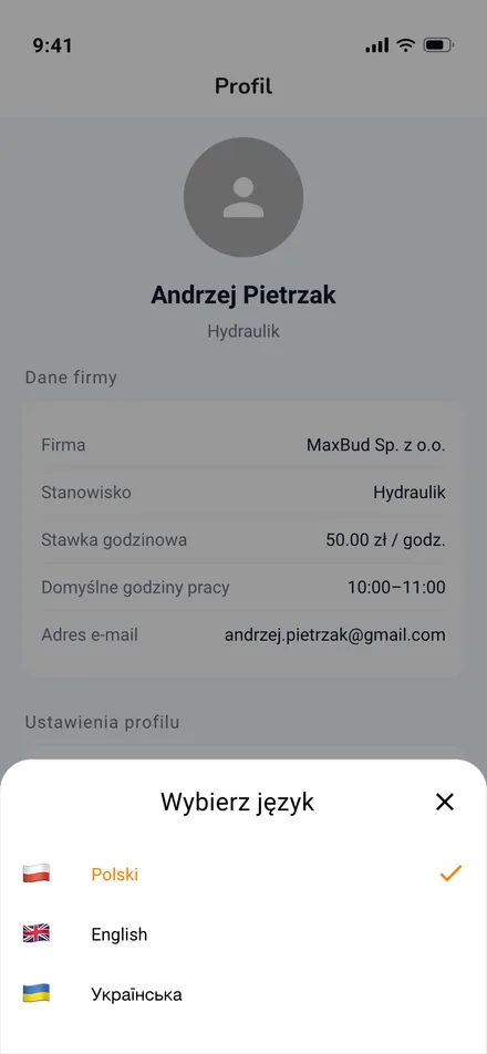 widok ustawień języka aplikacji pracownika · mobile