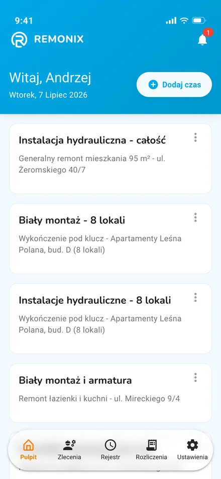 panel pracownika - widok „dziś" z zadaniami i przyciskiem dodania wpisu · mobile