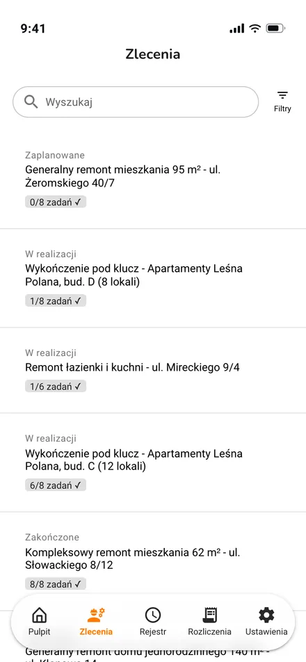 ekran główny aplikacji pracownika - lista zleceń z zadaniami · mobile