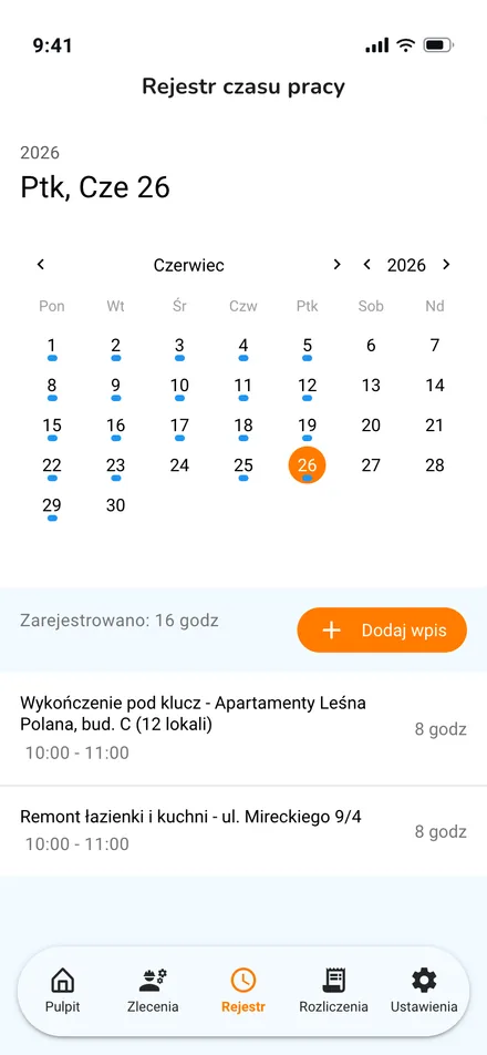 widok listy wpisów czasu pracy z filtrem po zleceniu · mobile / web