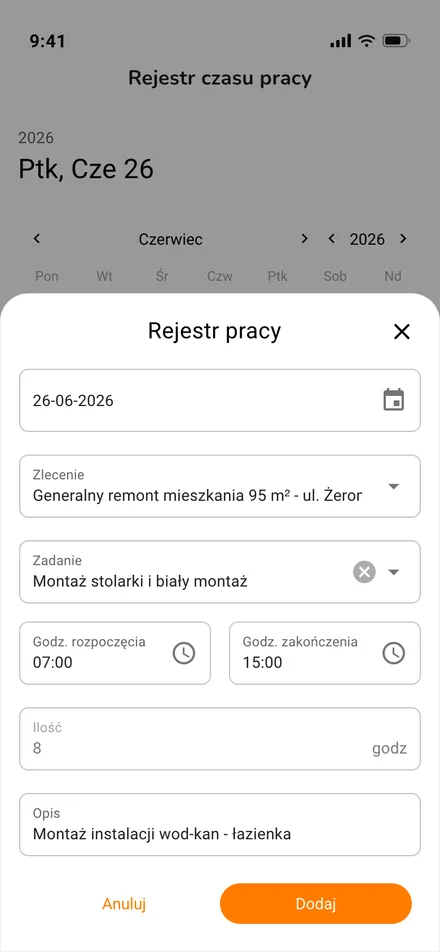 ekran pracownika - formularz dodawania wpisu czasu z wyborem zlecenia · mobile