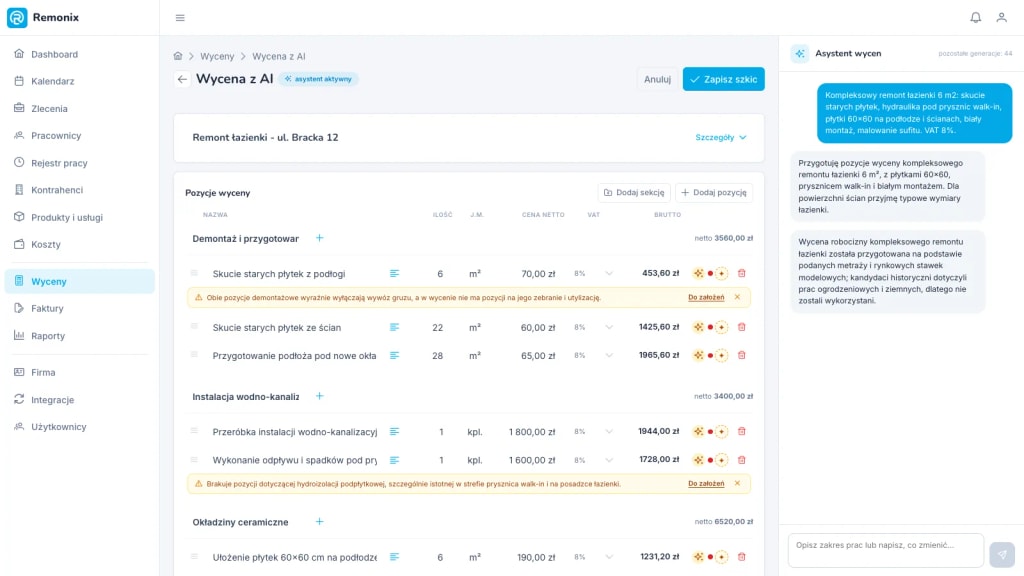 panel czatu AI w edytorze wyceny - rozmowa o zakresie prac · web