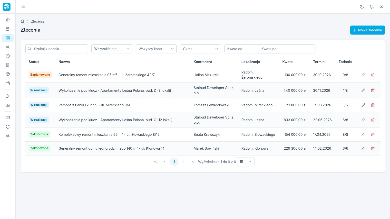 lista zleceń ze statusami, kwotami i terminami · web