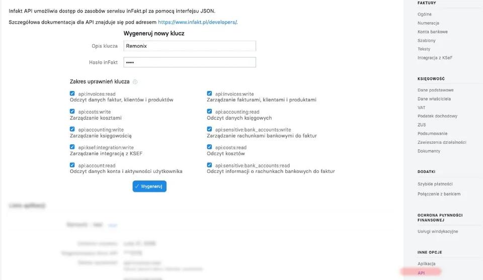 Panel inFakt: menu Inne opcje z zaznaczoną pozycją API oraz formularz Wygeneruj nowy klucz z polami opis, hasło i zakres uprawnień