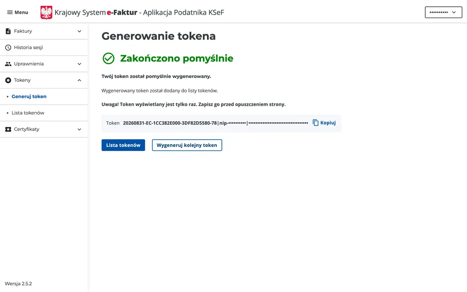 Wygenerowany token KSeF z przyciskiem kopiowania, wartość tokena zamazana