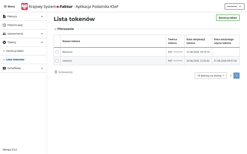 Aplikacja Podatnika KSeF: menu boczne z zaznaczoną zakładką Tokeny i przyciskiem Generuj token