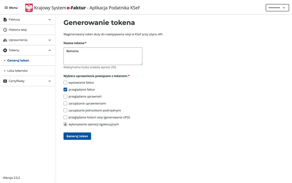 Formularz generowania tokena KSeF: pole nazwy wypełnione słowem Remonix i zaznaczone uprawnienie Dostęp do faktur
