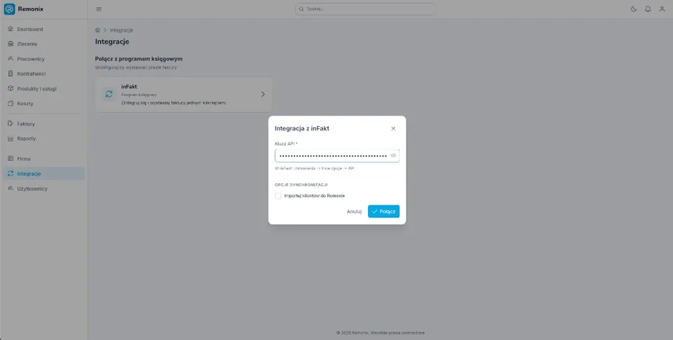 Aplikacja Remonix: strona Integracje z otwartym oknem Integracja z inFakt - pole klucz API, opcje synchronizacji i przyciski Anuluj oraz Połącz