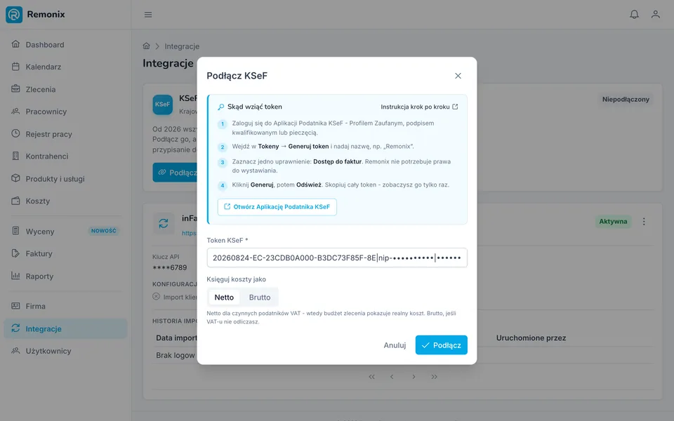 Aplikacja Remonix: modal Podłącz KSeF z instrukcją Skąd wziąć token, polem na token i przełącznikiem Netto/Brutto