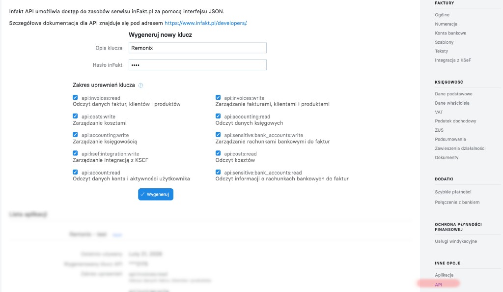 Panel inFakt: menu Inne opcje z zaznaczoną pozycją API oraz formularz Wygeneruj nowy klucz z polami opis, hasło i zakres uprawnień