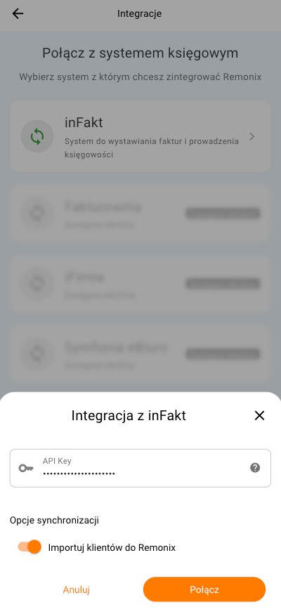 Aplikacja mobilna Remonix: ekran Integracje z modalem Integracja z inFakt — pole klucza API, opcje synchronizacji oraz przyciski Anuluj i Połącz